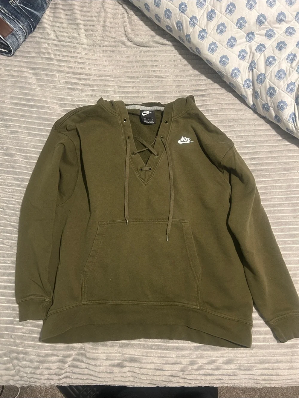 Nike Olive Lace-Up Hooded Sweatshirt with White Logo